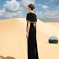Black Gown with Embroidered Cape and Floral Details