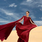 Burgundy Cape Sleeve Maxi Dress with Gold Embellishments