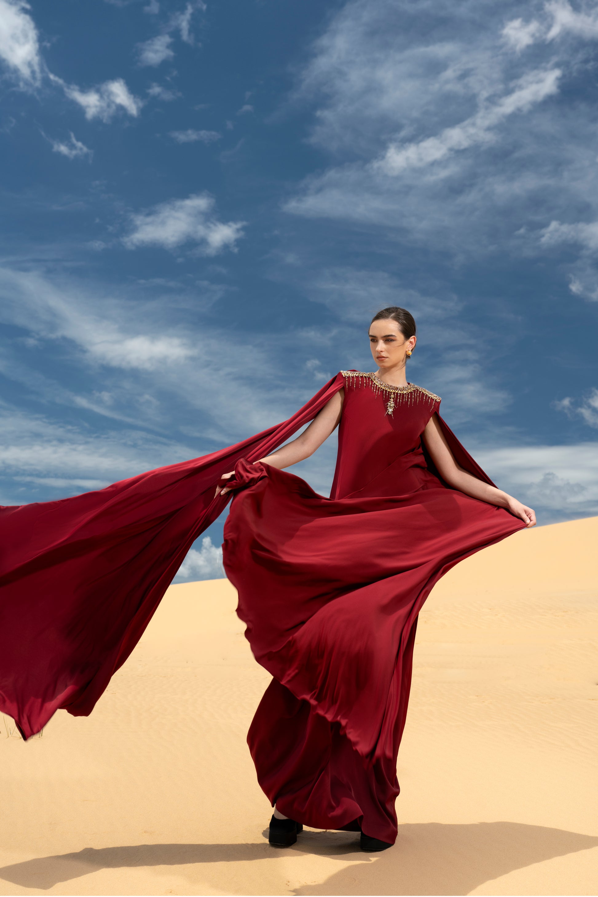 Burgundy Cape Sleeve Maxi Dress with Gold Embellishments My Store Burgundy Cape Sleeve Maxi Dress with Gold Embellishments My Store