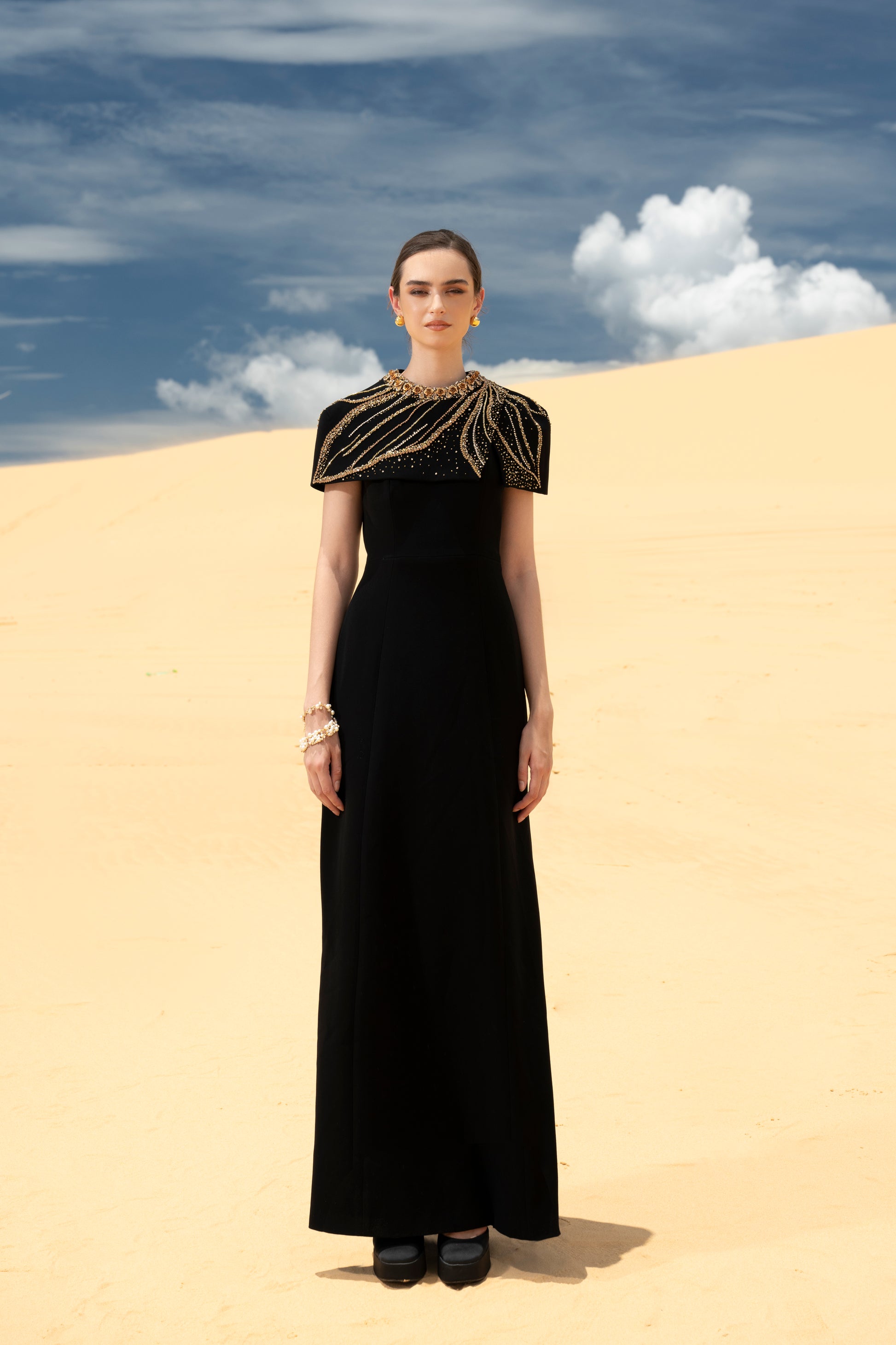 Black Cape-Style Evening Gown with Gold Embellishments My Store Black Cape-Style Evening Gown with Gold Embellishments My Store