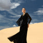 Black Flowing Chiffon Gown with Flared Sleeves and Gold Embellishments