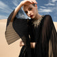 Black Flowing Chiffon Gown with Flared Sleeves and Gold Embellishments