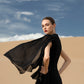 Black Flowing Chiffon Gown with Flared Sleeves and Gold Embellishments