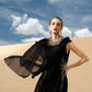 Black Flowing Chiffon Gown with Flared Sleeves and Gold Embellishments