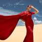 Red Draped Gown with Ornate Gold Embellishments