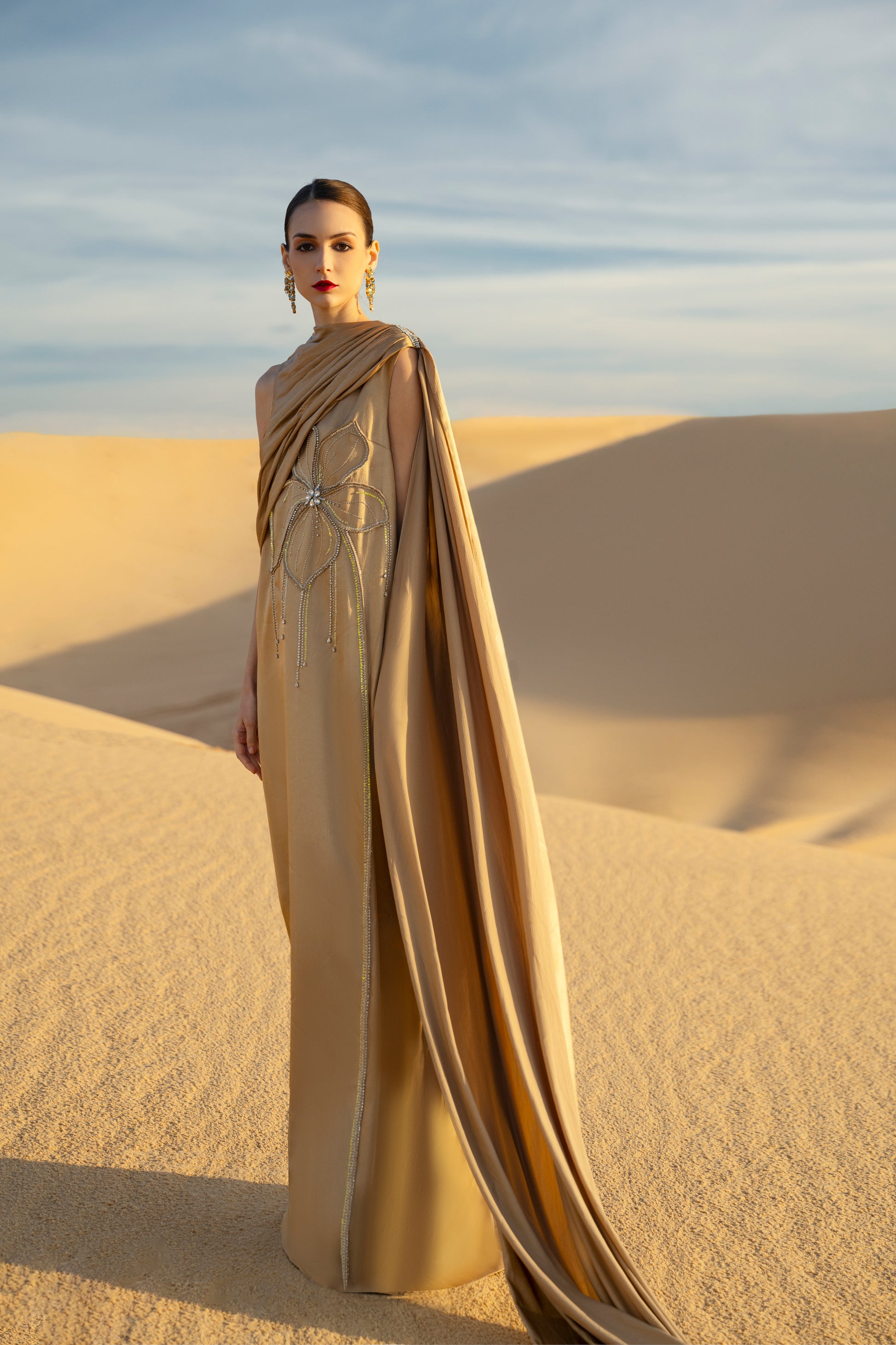 Gold Draped Kaftan Gown with Crystal Floral Embellishment My Store Gold Draped Kaftan Gown with Crystal Floral Embellishment My Store
