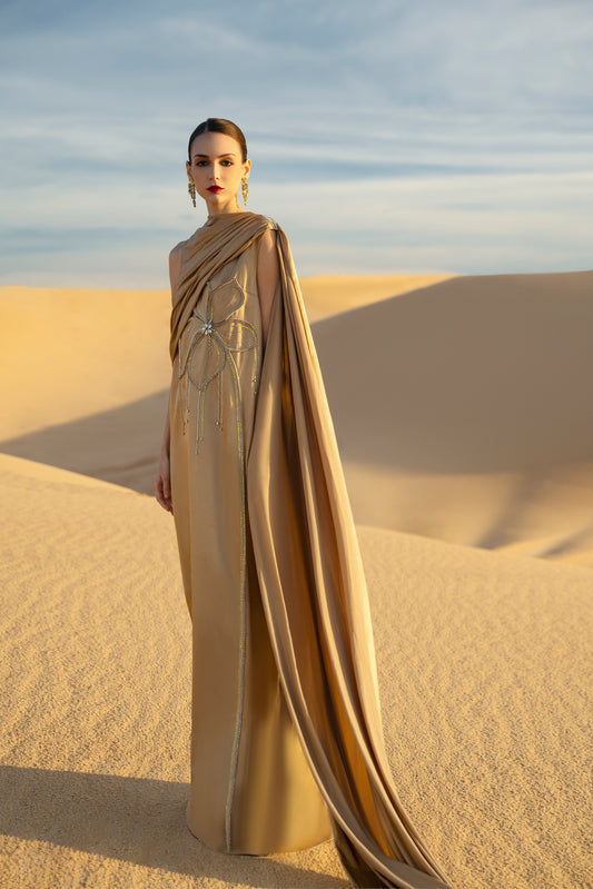 Gold Draped Kaftan Gown with Crystal Floral Embellishment