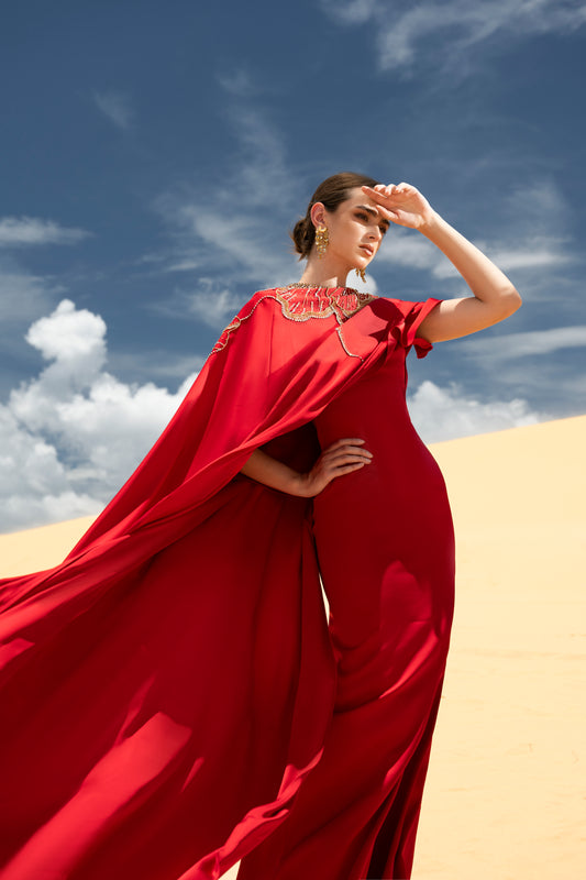 Red Draped Gown with Ornate Gold Embellishments