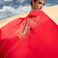 Red Draped Gown with Ornate Gold Embellishments
