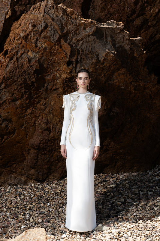 White Long-Sleeve Gown with Intricate Gold Embroidery