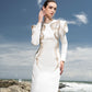 White Long-Sleeve Gown with Intricate Gold Embroidery