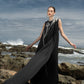 Black Sleeveless Gown with Silver Embroidery – Dramatic High-Fashion Cape Dress