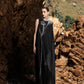 Black Sleeveless Gown with Silver Embroidery – Dramatic High-Fashion Cape Dress