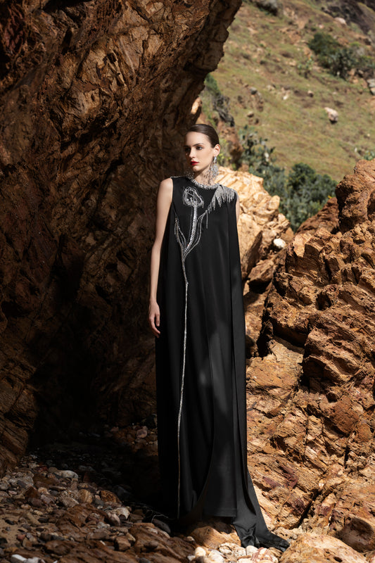 Black Sleeveless Gown with Silver Embroidery – Dramatic High-Fashion Cape Dress