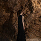 Black Sleeveless Gown with Silver Embroidery – Dramatic High-Fashion Cape Dress
