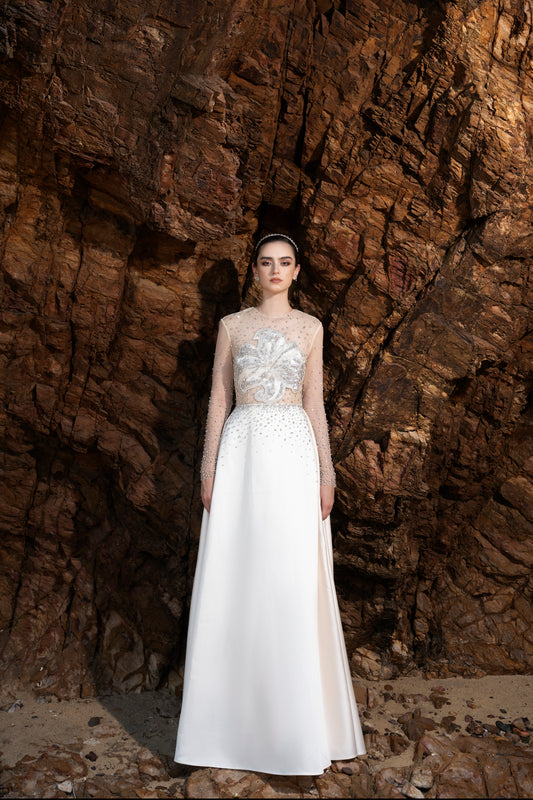 Beaded Long-Sleeve Ivory White Gown with Sheer Illusion Bodice