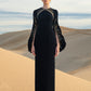 Black Long-Sleeve Gown with Gold Beaded Detailing and Balloon Sleeves