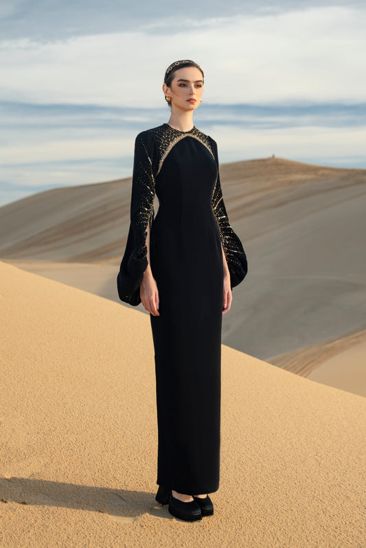 Black Long-Sleeve Gown with Gold Beaded Detailing and Balloon Sleeves