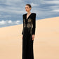 Black Long-Sleeve Gown with Gold Embellished Floral Design and V-Neckline