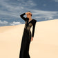 Black Long-Sleeve Gown with Gold Embellished Floral Design and V-Neckline