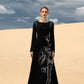 Black Long-Sleeve Gown with Pearl Embellished Shoulders and Floral Embroidery