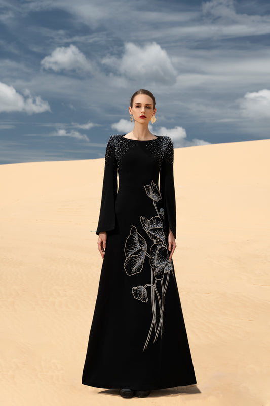 Black Long-Sleeve Gown with Pearl Embellished Shoulders and Floral Embroidery
