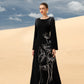 Black Long-Sleeve Gown with Pearl Embellished Shoulders and Floral Embroidery