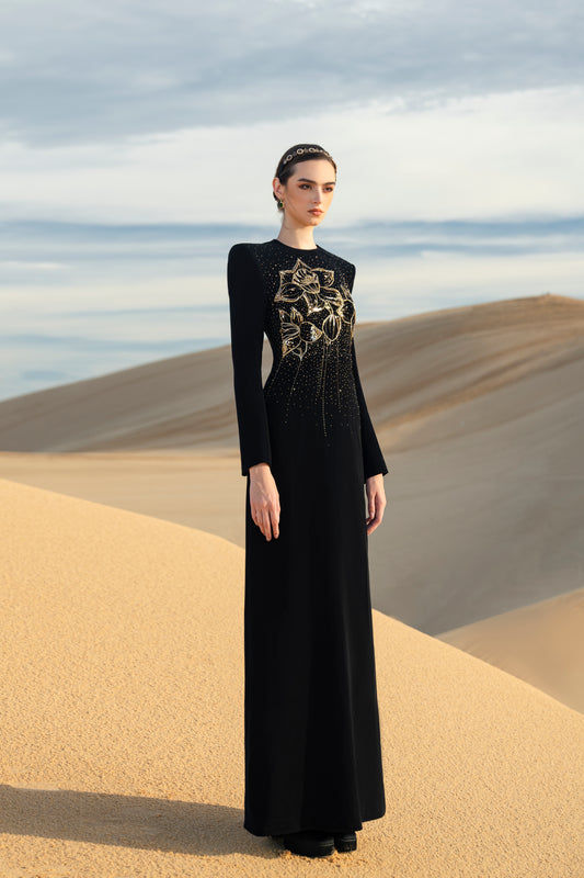 Black Floral Embellished Gown with Gold Detailing and Long Sleeves