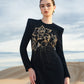 Black Floral Embellished Gown with Gold Detailing and Long Sleeves