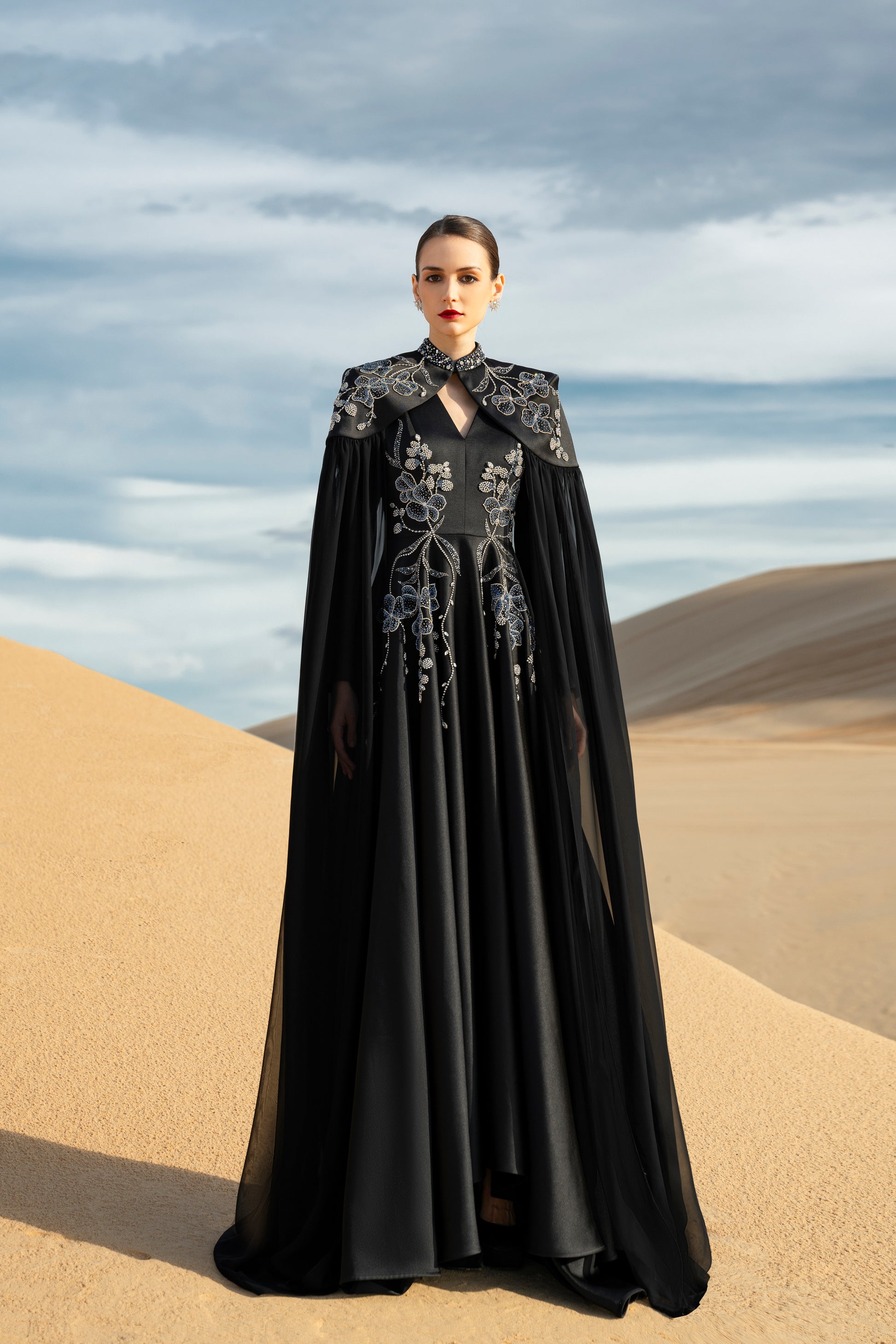 Black Embroidered Cape Gown with Floral Detailing My Store Black Embroidered Cape Gown with Floral Detailing My Store