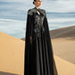 Black Embroidered Cape Gown with Floral Detailing