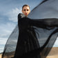 Black Embroidered Cape Gown with Floral Detailing