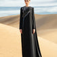 Black Embellished Gown with Silver Beaded Flower and Draped Cape