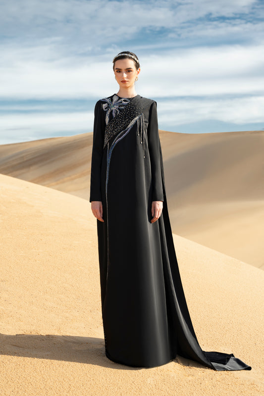 Black Embellished Gown with Silver Beaded Flower and Draped Cape
