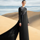 Black Embellished Gown with Silver Beaded Flower and Draped Cape