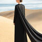 Black Embellished Gown with Silver Beaded Flower and Draped Cape