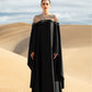 Black Draped Gown with Sheer Embroidered Bodice and Cape Sleeves