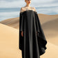 Black Draped Gown with Sheer Embroidered Bodice and Cape Sleeves