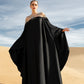 Black Draped Gown with Sheer Embroidered Bodice and Cape Sleeves