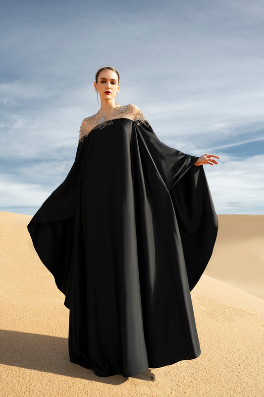 Black Draped Gown with Sheer Embroidered Bodice and Cape Sleeves
