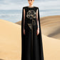 Black Cape Gown with Gold Floral Embroidery and Jewel Accents