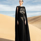 Black Cape Gown with Gold Floral Embroidery and Jewel Accents