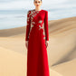 Red Embellished Evening Gown with Gold Appliqué Detailing