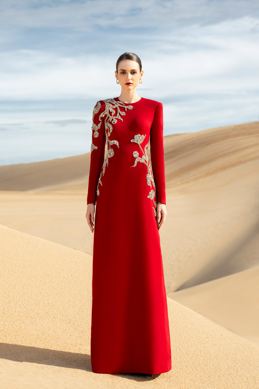 Red Embellished Evening Gown with Gold Appliqué Detailing