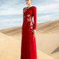 Red Embellished Evening Gown with Gold Appliqué Detailing