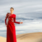 Red Embellished Evening Gown with Gold Appliqué Detailing