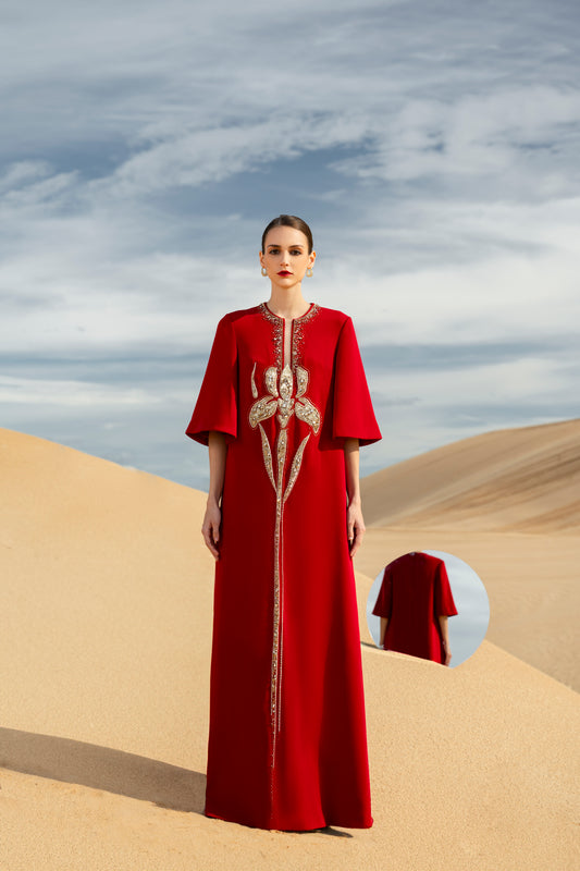 Red Kaftan Gown with Gold Embroidery