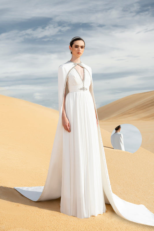White Gown with Beaded Cape and Plunging Neckline
