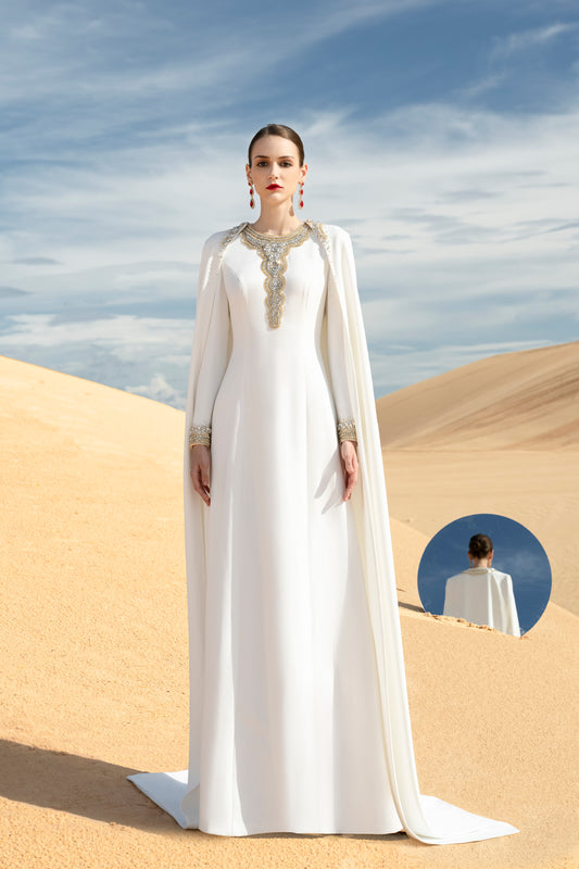 White Gown with Golden Embroidery and Cape