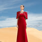 Red Evening Gown with Beaded Capelet and Strapless Design